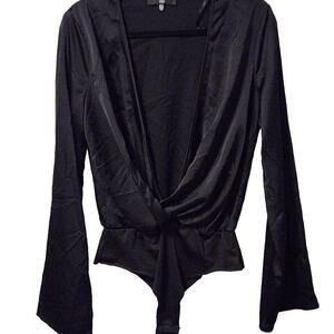 Misguided Bodysuit Medium Black V Neck Bell Sleeves Long
